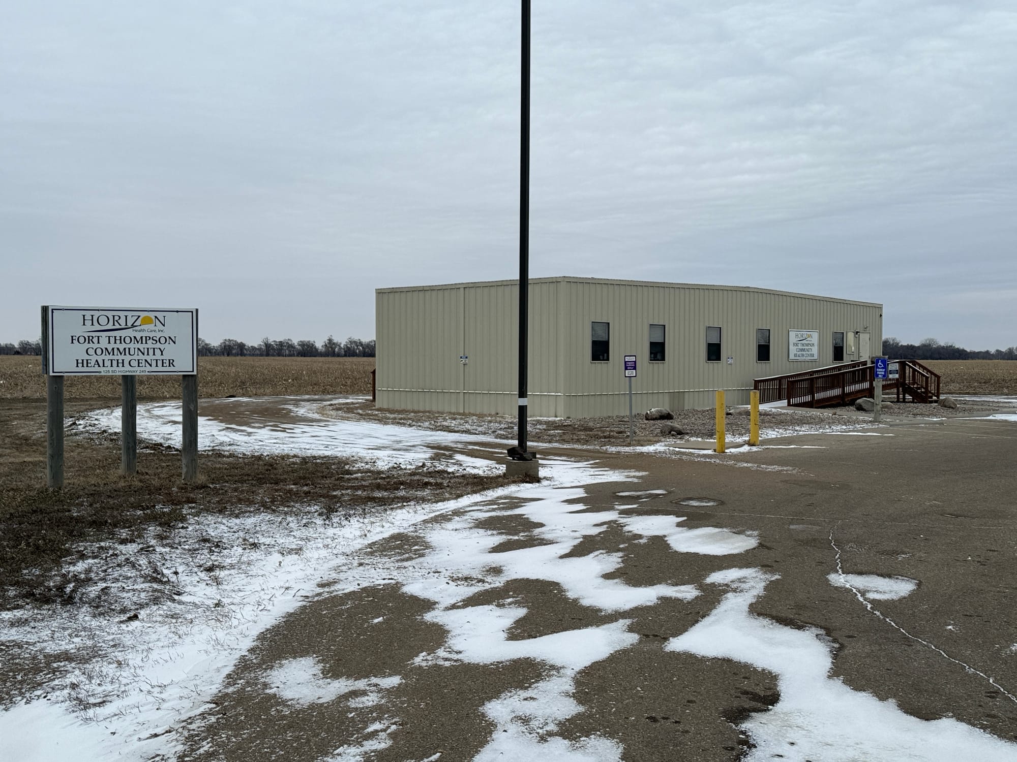 This small clinic in Fort Thompson, S.D., population 1,000, shown on March 23, 2024, is one of two medical facilities on the Crow Creek Indian Reservation