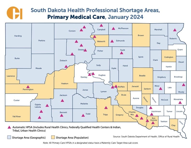 This map shows counties considered by the state Department of Health to have a shortage of primary medical providers.