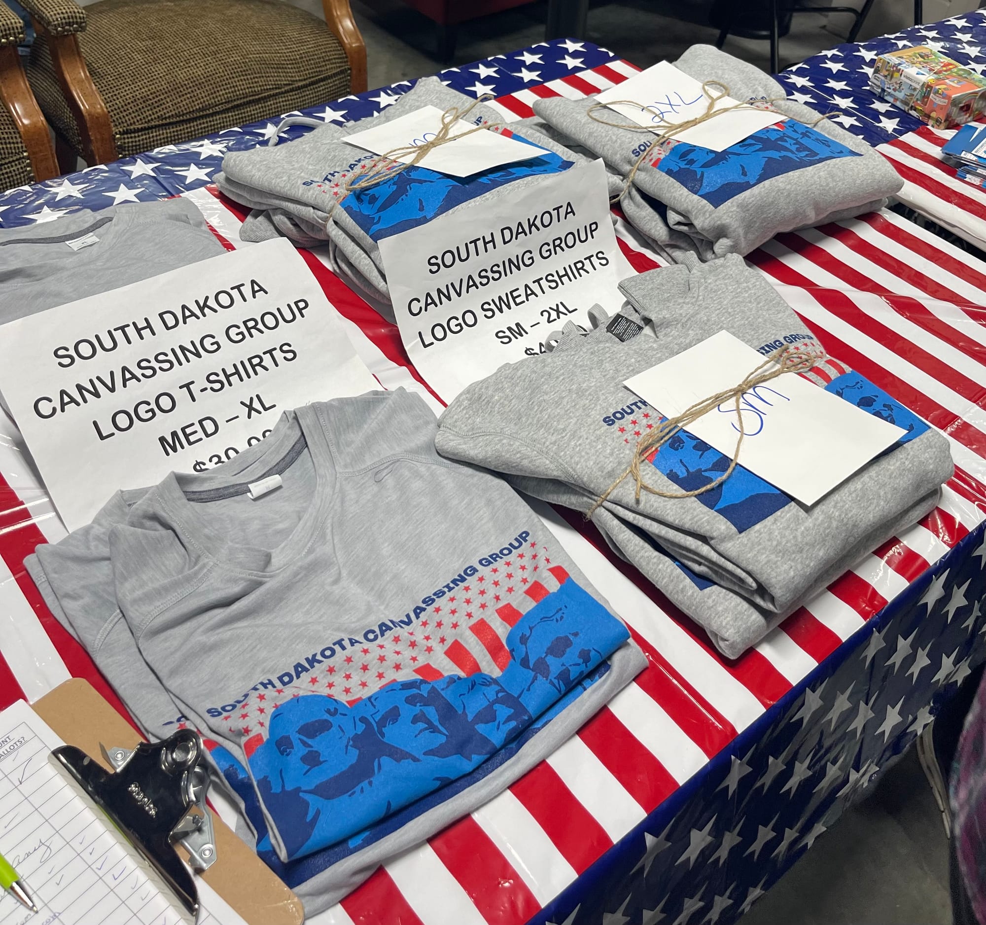 T-shirts for sale at a South Dakota Canvassing event at the Military Heritage Alliance 