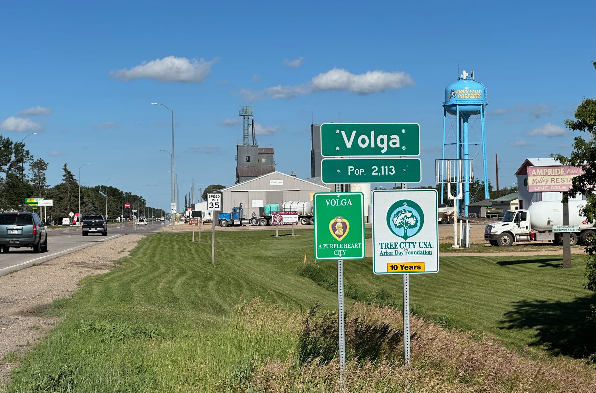 Volga, South Dakota sign welcoming visitors 