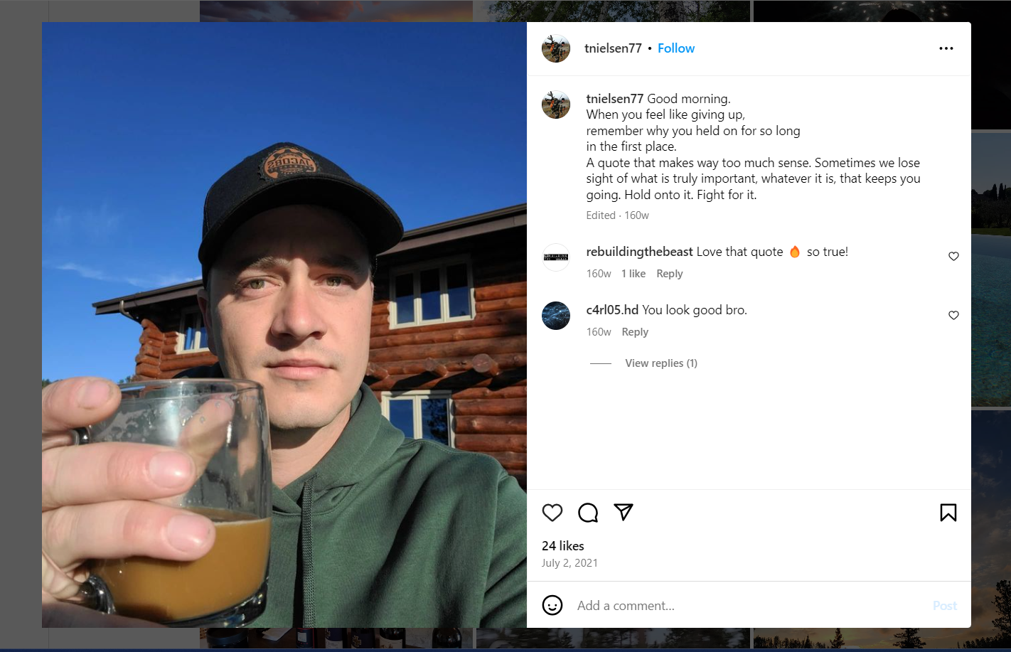 Instagram photo of a man holding a drink and looking at the camera.