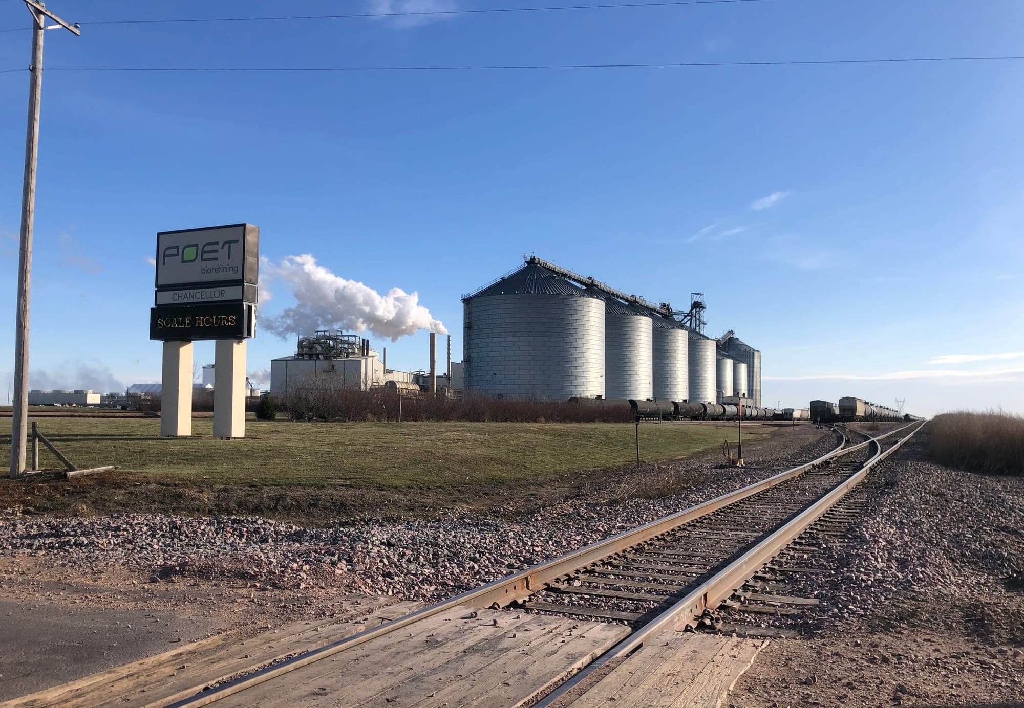 Poet biofuels ethanol plant sits next to a train track in South Dakota..