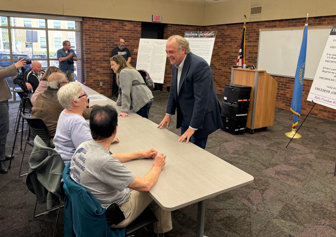 Rick Weiland, co-founder of Dakotans for Health, talks to supporters at a press conference May 1, 2024, at the downtown library in Sioux Falls, S.D.