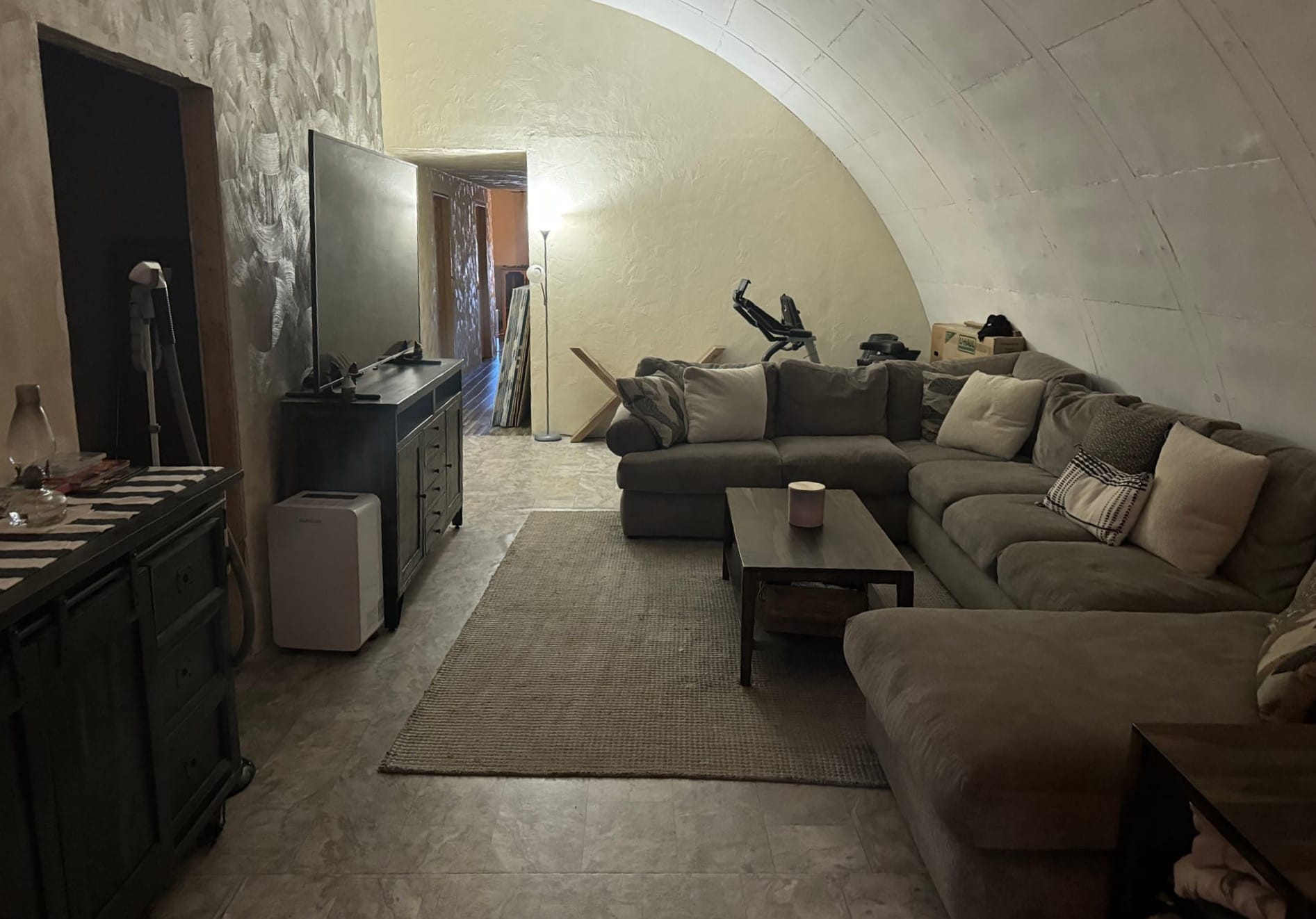 This Oct. 4, 2024, photo shows the TV room in a finished bunker within the Vivos xPoint survivalist community at Igloo, S.D. 