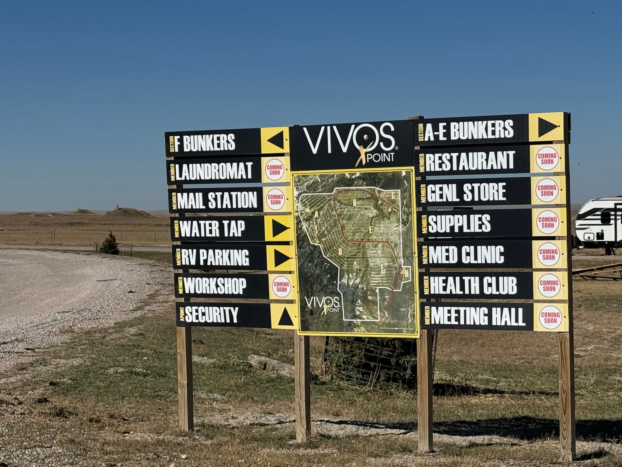 This sign just inside the entrance to the Vivos xPoint bunker complex, shown Oct. 4, 2024, near Igloo, S.D., indicates that most promised amenities have not been built