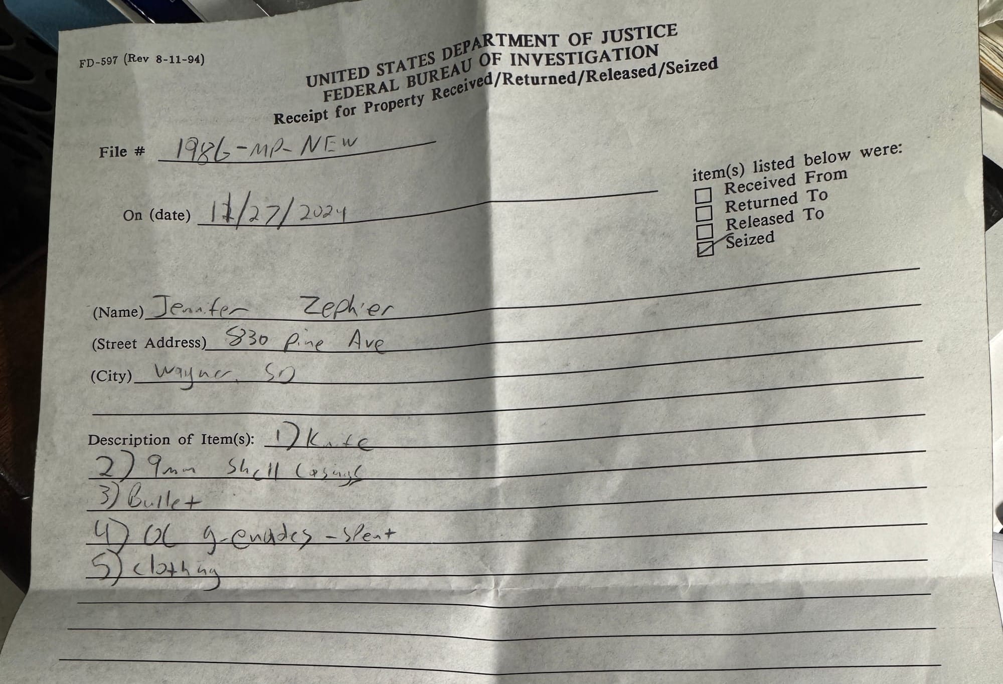 A receipt of items seized by U.S. Marshals at the Zephier household on Nov. 27, 2024, 