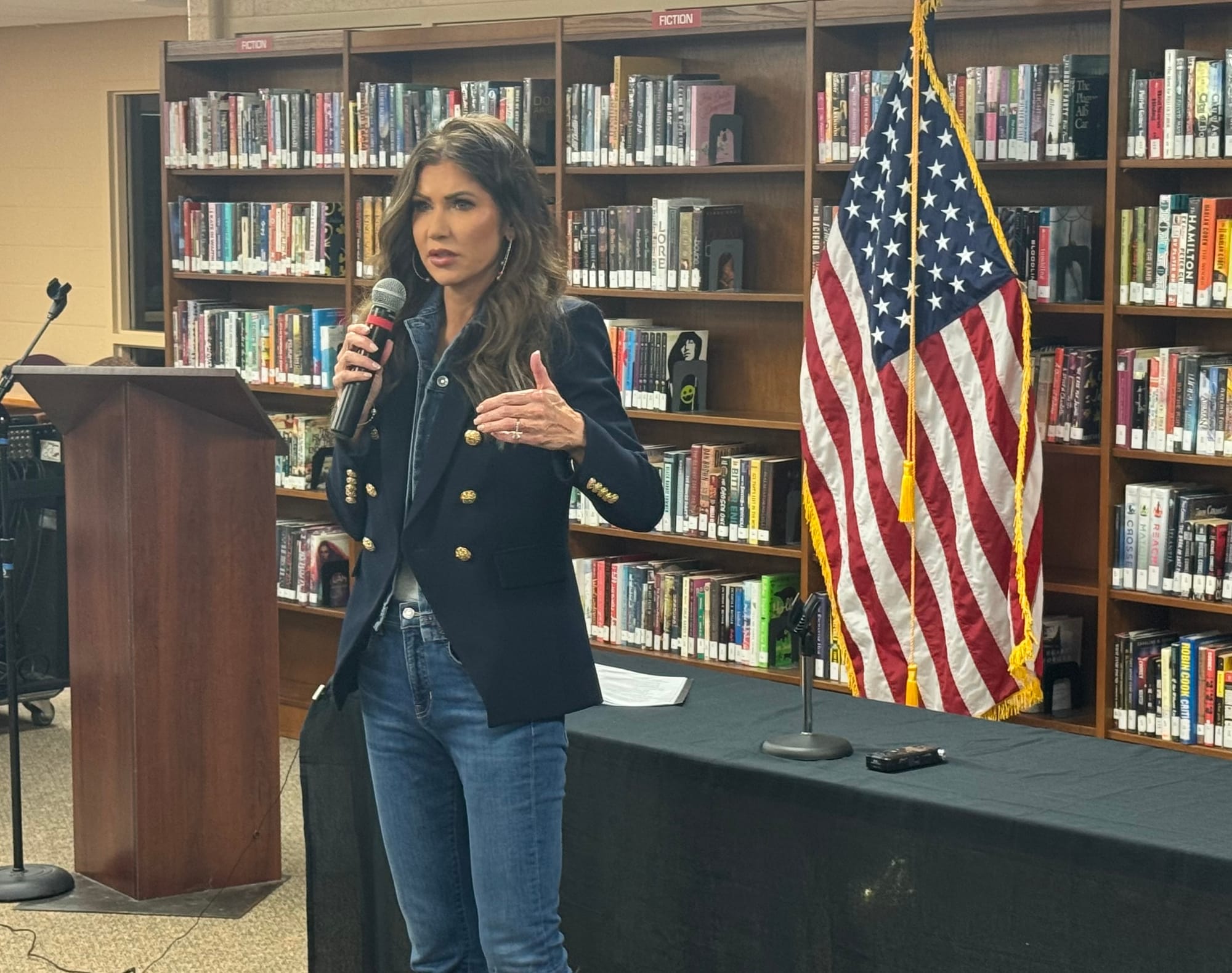 South Dakota Gov. Kristi Noem speaks March 13, 2024, at a town hall meeting at the high school in Mitchell, S.D. 