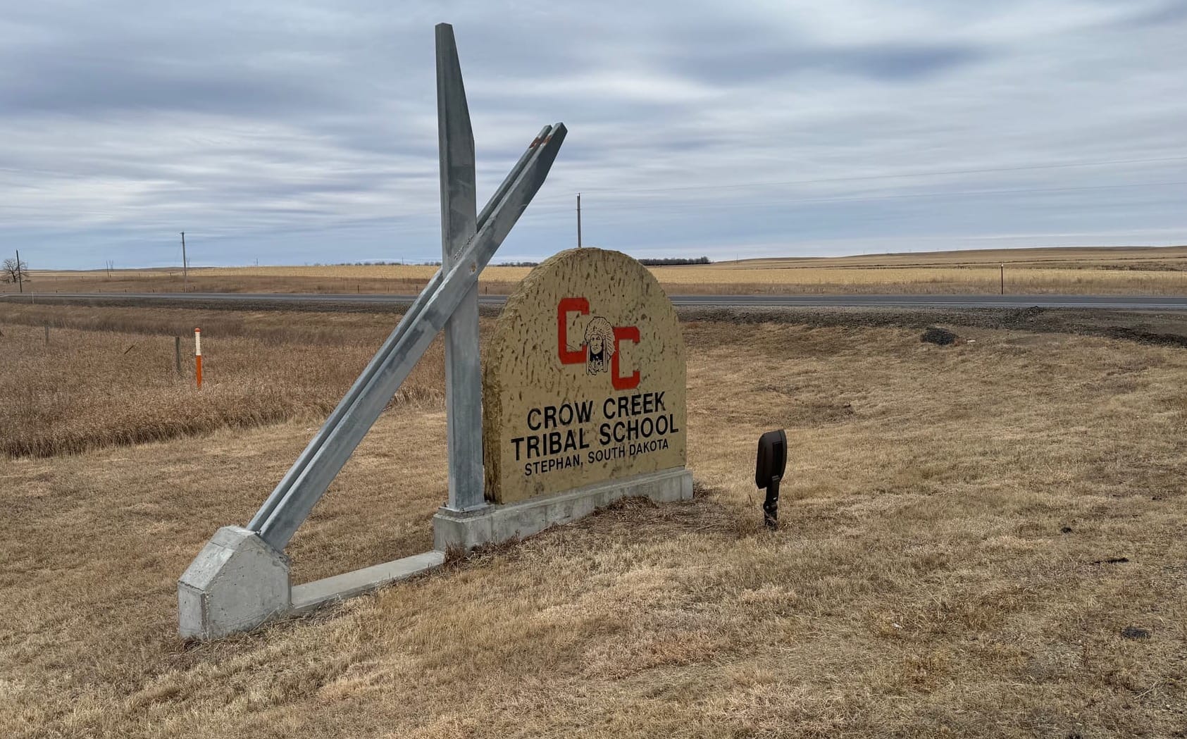 A sign outside the Crow Creek Tribal School system in Stephan, South Dakota.