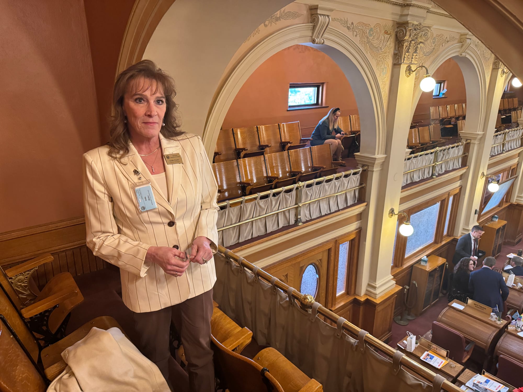 South Dakota Corrections Secretary Kellie Wasko stands in the gallery of the House of Representatives at the South Dakota State Capitol