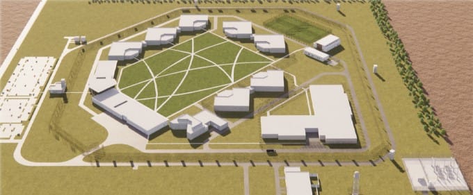 A rendering of the designed layout of the campus for the new men's correctional facility in Lincoln County