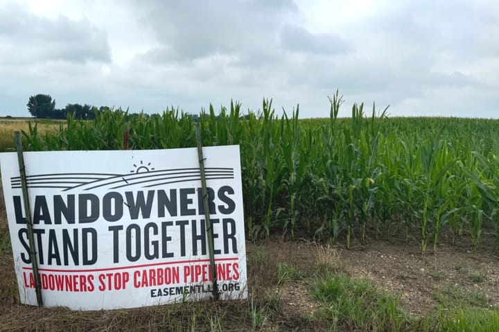 A landowners stand together sign sits in front of a cornfield in South Dakota