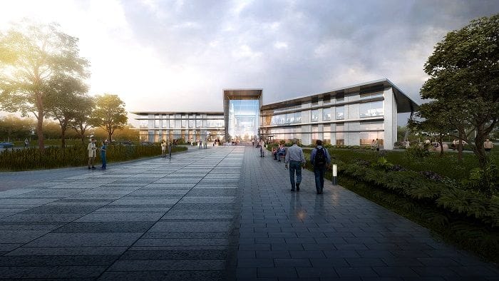 An artist's rendering of a Sanford research building showing about three floors with lots of glass construction.