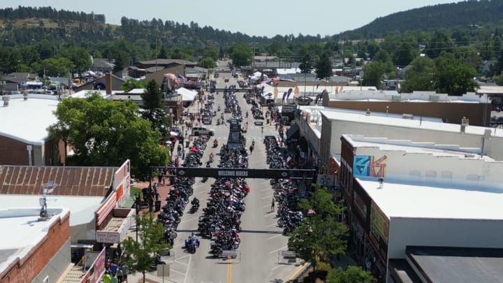 Motorcycles park on a main street in Sturgis, South Dakota, during the Sturgis Motorcycle Rally.